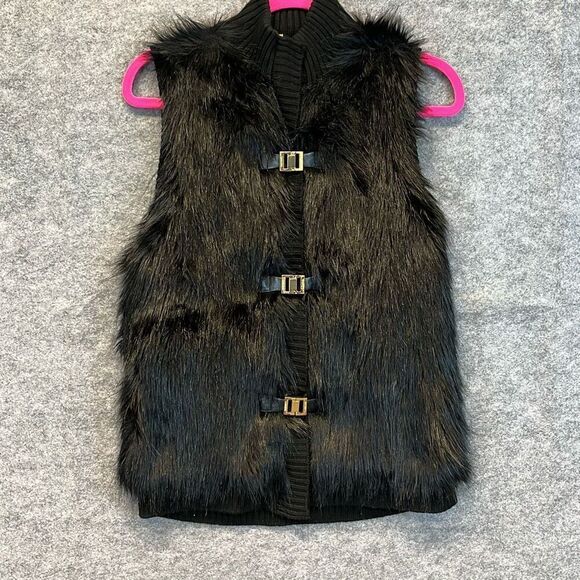 CALVIN KLEIN Women’s Faux Fur Sweater Vest Buckle Front Black Sz Small festival - Picture 3 of 15